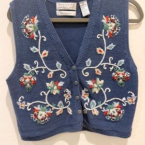 Blue Embroidered Button-Front Knit Vest